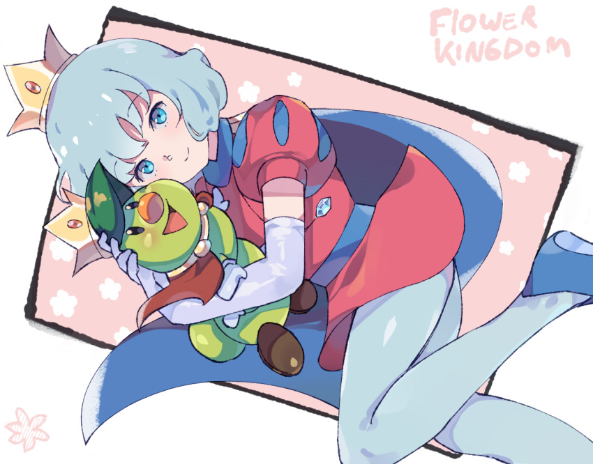 2boys :d androgynous aqua_eyes blue_footwear bob_cut cape caterpillar crown dutch_angle elbow_gloves flower fq75017 gloves holding hug jewelry looking_at_viewer male_focus mario_(series) multiple_boys necklace nintendo open_mouth pantyhose prince_florian prince_haru red_tunic short_hair simple_background smile super_mario_bros.:_peach-hime_kyushutsu_dai_sakusen! super_mario_bros._wonder trap tunic white_gloves