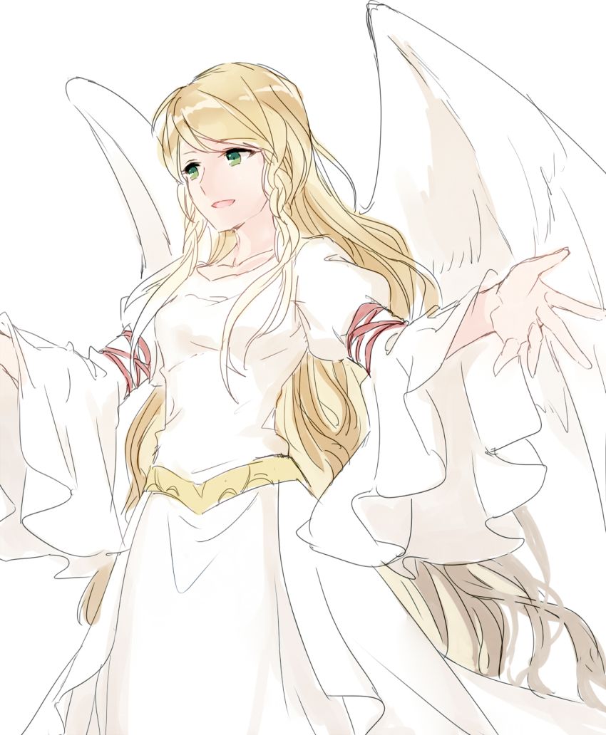 1girl blonde_hair braid breasts commentary_request dress fire_emblem fire_emblem:_path_of_radiance fire_emblem:_radiant_dawn frilled_sleeves frills green_eyes highres jnsghsi laguz_(fire_emblem) leanne_(fire_emblem) long_hair nintendo parted_lips small_breasts solo very_long_hair white_background white_dress white_wings wide_sleeves wings