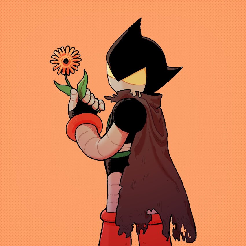 alternate_universe atom_(tetsuwan_atom) cape flower highres holding holding_flower joints marias_(harako) non-humanoid_robot robot robot_joints tetsuwan_atom torn_cape torn_clothes yellow_eyes
