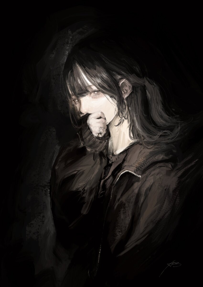1girl arai_bokuseki black_background black_hair black_jacket commentary_request covering_own_mouth dark grey_eyes highres jacket long_hair looking_at_viewer original pale_skin solo upper_body