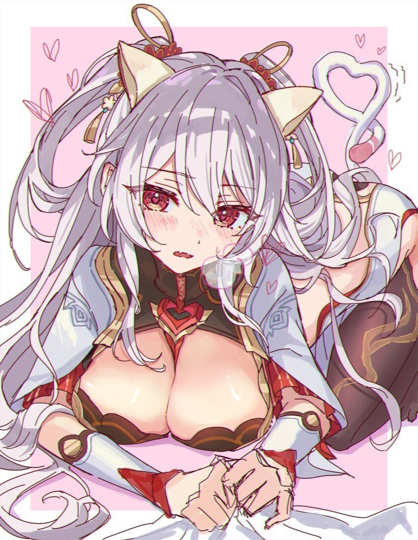 1girl all_fours animal_ears black_pantyhose blush border breasts cat_ears cat_tail cleavage commentary_request dress heart heart_tail highres honkai_(series) honkai_impact_3rd large_breasts long_hair official_alternate_costume open_mouth pantyhose papipiko pink_background red_dress red_eyes solo tail theresa_apocalypse theresa_apocalypse_(luna_kindred) theresa_apocalypse_(lunar_vow:_crimson_love) theresa_apocalypse_(redolent_in_red) two_side_up very_long_hair white_border white_hair