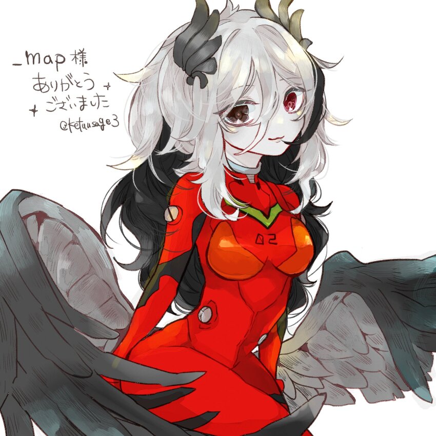 1girl bird_wings black_eyes black_hair bodysuit cosplay heterochromia highres indie_virtual_youtuber ketuusage2 mecha_pilot_suit multicolored_hair nemo_nevermore neon_genesis_evangelion plugsuit_(evangelion) red_bodysuit red_eyes second-party_source signature smile souryuu_asuka_langley souryuu_asuka_langley_(cosplay) virtual_youtuber white_background white_hair wings