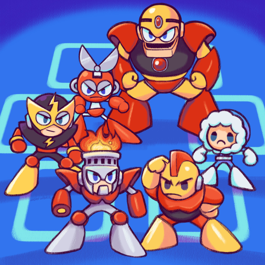 6+boys blue_background blue_eyes bomb_man chibi closed_mouth cut_man elec_man fire fire_man guts_man highres humanoid_robot ice_man laser-lance looking_at_viewer mega_man_(classic) mega_man_(series) mega_man_1 multiple_boys parka robot standing