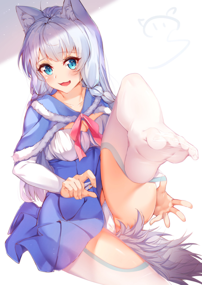 1girl absurdres ahoge animal_ear_fluff animal_ears blue_cloak blue_eyes blue_skirt blush braid cameltoe cloak commentary_request fang feet female_focus foot_focus fur-trimmed_cloak fur_trim hataage!_kemono_michi highres long_hair long_sleeves looking_at_viewer nahaki no_shoes open_mouth panties pleated_skirt shigure_(kemonomichi) silver_hair simple_background sitting skirt smile soles solo tail thighhighs toes underwear white_background white_panties white_thighhighs wolf_ears wolf_girl wolf_tail