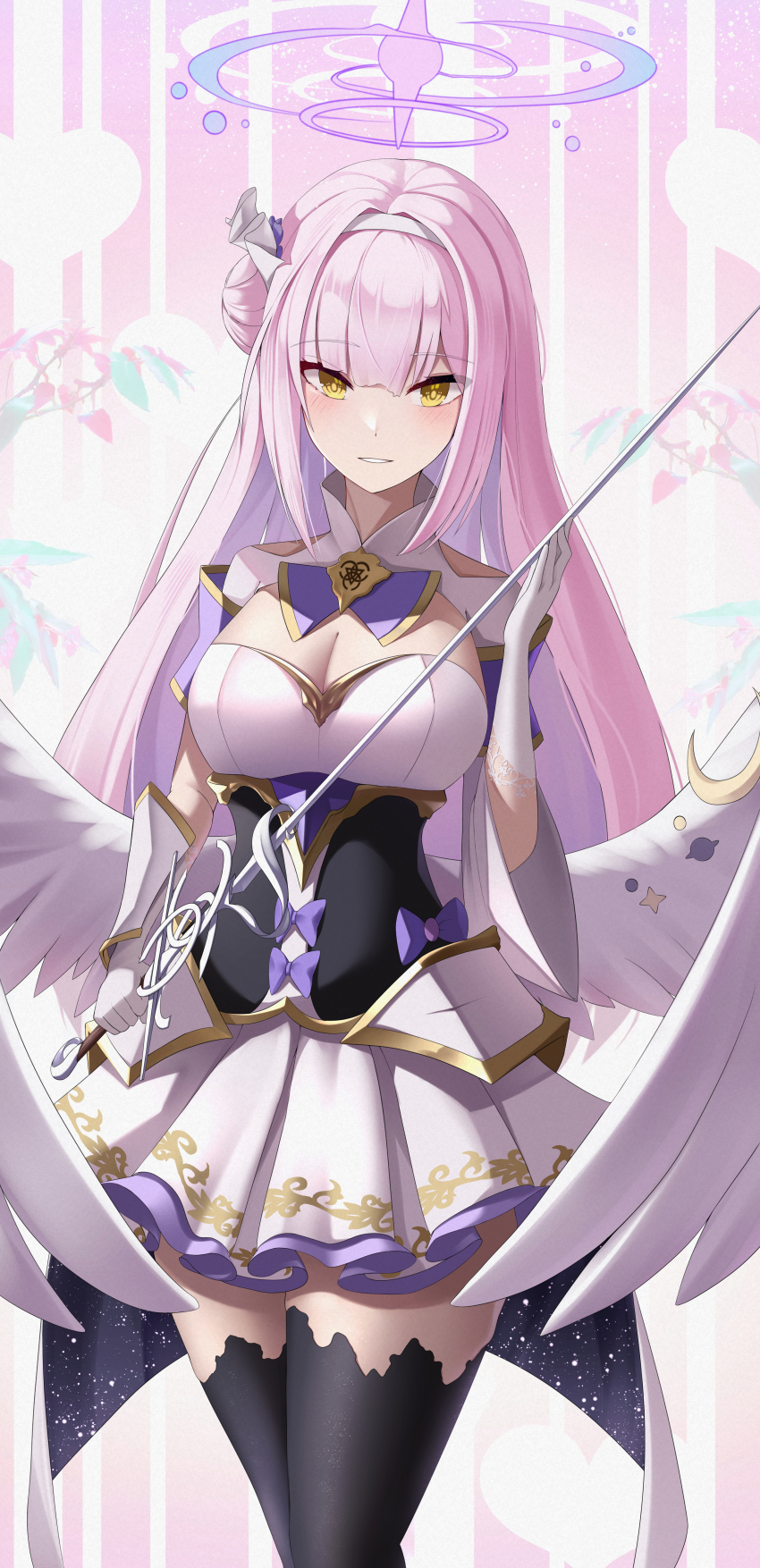 1girl absurdres blue_archive breasts cleavage hair_bun highres large_breasts long_hair looking_at_viewer medium_breasts mika_(blue_archive) pink_hair single_hair_bun solo wings winterlime12 yellow_eyes