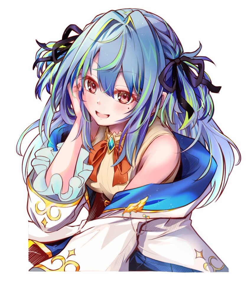 1girl black_ribbon blue_brooch blue_hair blush bow bowtie breasts coat commentary_request frilled_sleeves frills futatsumuji green_hair hair_between_eyes hair_intakes hair_ribbon hand_on_own_face highres long_hair long_sleeves looking_at_viewer mole mole_under_eye multicolored_hair nanashi_inc. open_clothes open_coat open_mouth orange_bow orange_bowtie pink_eyes ribbon shirt simple_background small_breasts smile solo striped_clothes striped_shirt suzumi_nemo suzumi_nemo_(1st_costume) two-tone_hair two_side_up upper_body vertical-striped_clothes vertical-striped_shirt virtual_youtuber white_background white_coat