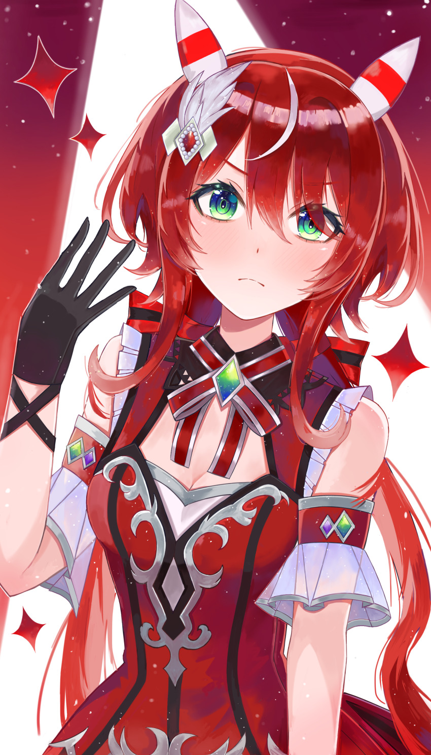 1girl absurdres animal_ears blush breasts cleavage closed_mouth collarbone commentary_request frown gloves green_eyes hair_between_eyes hair_ornament highres horse_ears horse_girl long_hair looking_at_viewer low_twintails red_hair sleeveless small_breasts solo sora_(sjnz7474) twintails umamusume win_variation_(umamusume)