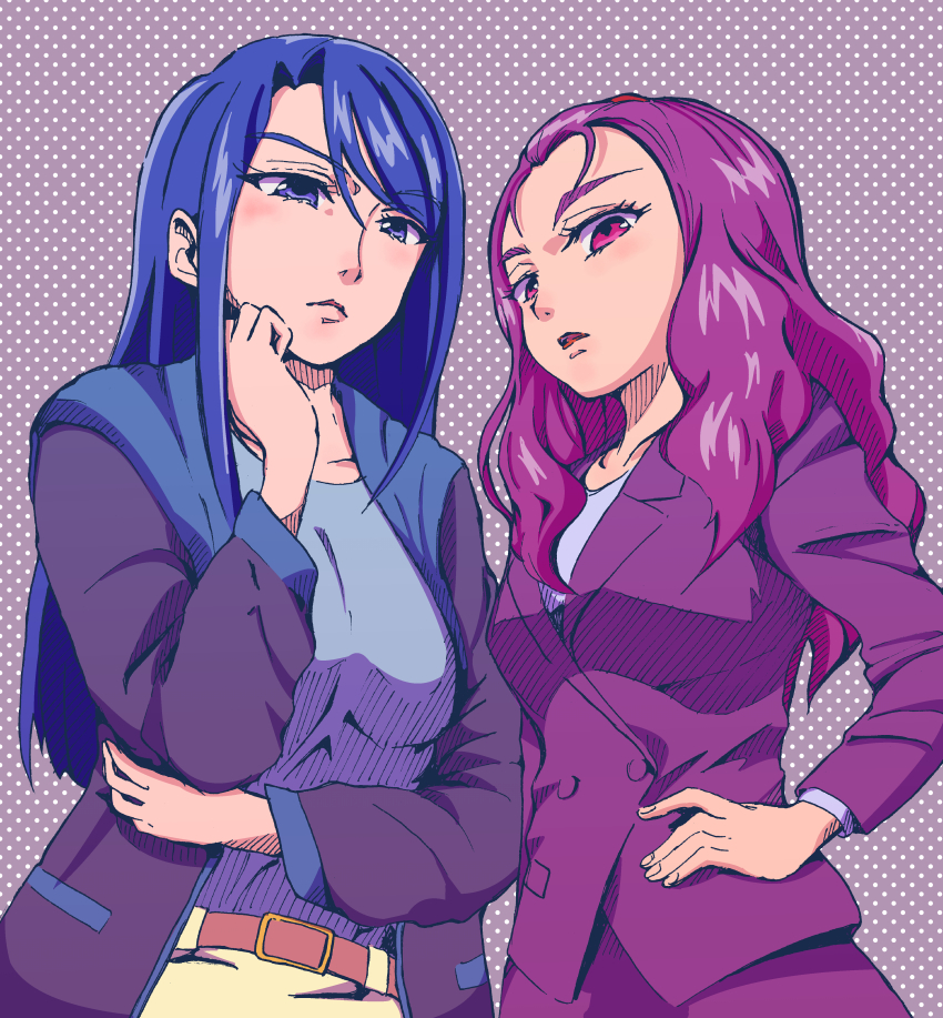 2girls absurdres belt blue_eyes blue_hair blue_jacket blue_shirt blush brown_belt highres jacket kagekaku kibou_no_chikara_otona_precure_&#039;23 long_hair long_sleeves milk_(yes!_precure_5) mimino_kurumi minazuki_karen multiple_girls open_clothes open_jacket open_mouth precure purple_eyes purple_hair purple_jacket purple_skirt shirt skirt suit_jacket yellow_skirt yes!_precure_5 yes!_precure_5_gogo!