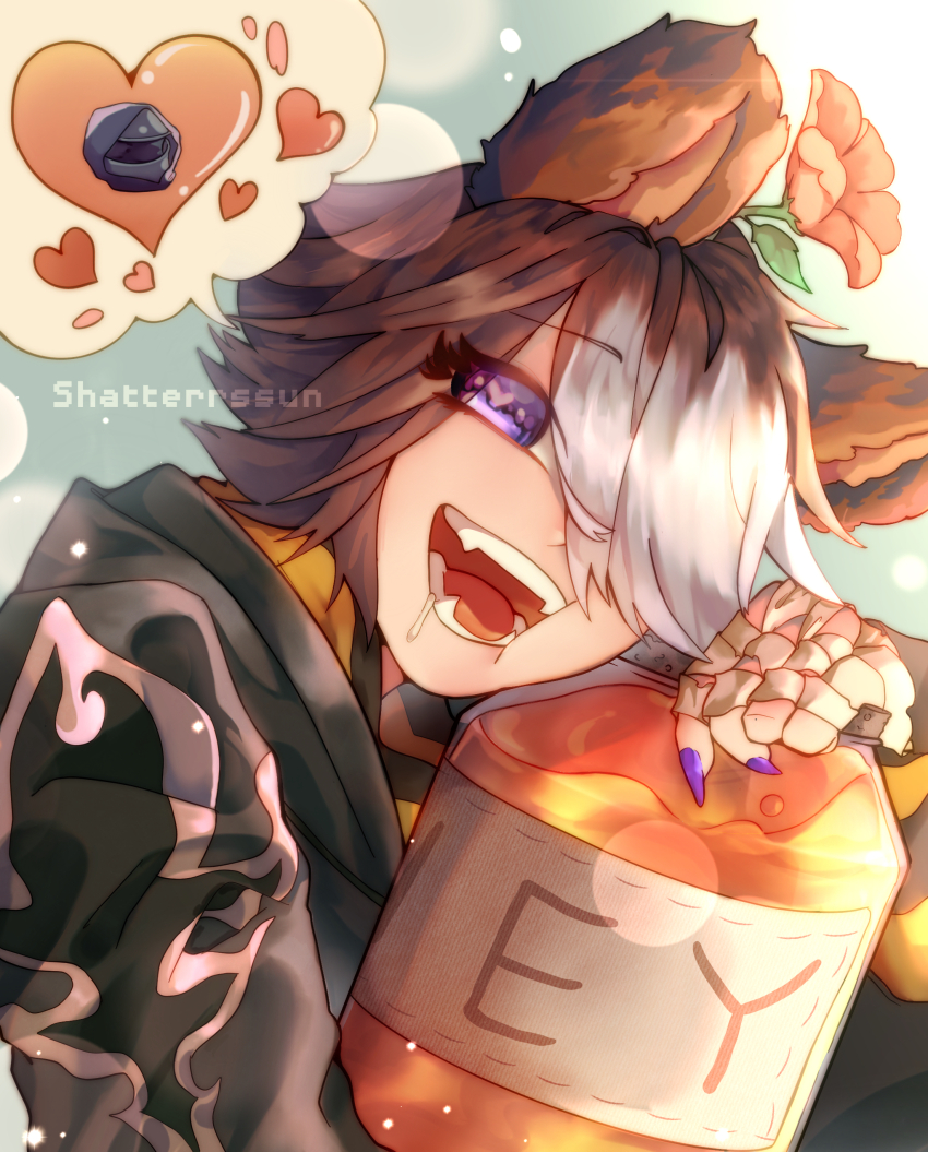 1girl absurdres animal_ears arknights bear_ears beehunter_(arknights) brown_hair hair_over_one_eye highres holding honey jacket long_sleeves looking_at_viewer multicolored_hair nail_polish open_mouth procreate_(medium) purple_eyes shatterrssun short_hair smile solo streaked_hair two-tone_hair white_hair