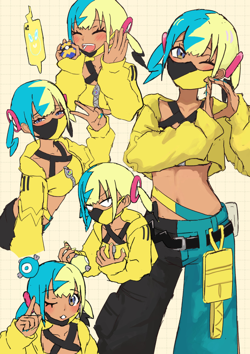 1girl :d bandeau belt black_belt blue_eyes blush canari_(pokemon) character_hair_ornament closed_eyes collarbone commentary_request cropped_jacket eyelashes gen_4_pokemon grid_background hair_ornament hands_up highres jacket long_sleeves mask mouth_mask multicolored_hair multiple_views nail_polish navel nintendo one_eye_closed open_clothes open_jacket open_mouth pants poke_ball pokemon pokemon_legends:_z-a quick_ball rotom rotom_phone ryoha_kosako smile teeth tongue v yellow_bandeau yellow_jacket zipper zipper_pull_tab
