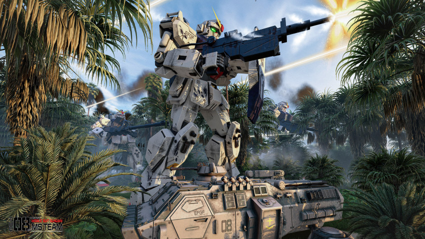 3d aiming ammunition_box army assault_rifle backpack bag battle cannon commentary dirty earth_federation english_commentary english_text firing ground_gundam gun gundam gundam_08th_ms_team highres hovercraft jungle machine_gun machinery mecha michaellee4 military military_vehicle mobile_suit motor_vehicle nature no_humans palm_tree plant realistic rifle robot science_fiction shield tank title tree turret type_74_(gundam) war watercraft weapon