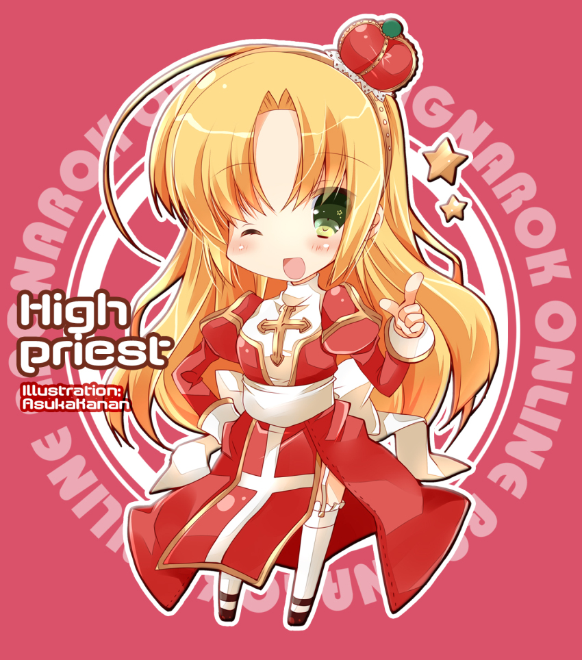 1girl :d ;d back_bow blonde_hair blush bow character_name chibi chibi_only comiket_86 commentary_request copyright_name crown dress full_body garter_straps green_eyes high_priest_(ragnarok_online) highres index_finger_raised juliet_sleeves kanan_asuka long_hair long_sleeves looking_at_viewer mini_crown one_eye_closed open_mouth pink_background puffy_sleeves ragnarok_online red_crown red_dress sash smile solo standing star_(symbol) thighhighs two-tone_dress white_bow white_dress white_sash white_thighhighs