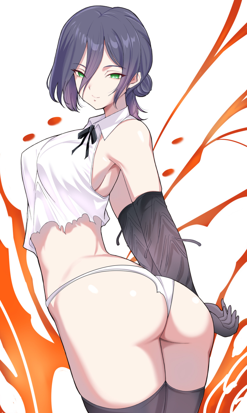 1girl absurdres arms_behind_back ass black_gloves black_hair black_thighhighs breasts bun6467 chainsaw_man closed_mouth crop_top elbow_gloves gloves green_eyes hair_between_eyes hair_bun highres large_breasts panties reze_(chainsaw_man) shirt solo thighhighs torn_clothes torn_shirt twisted_torso underwear white_background white_panties white_shirt