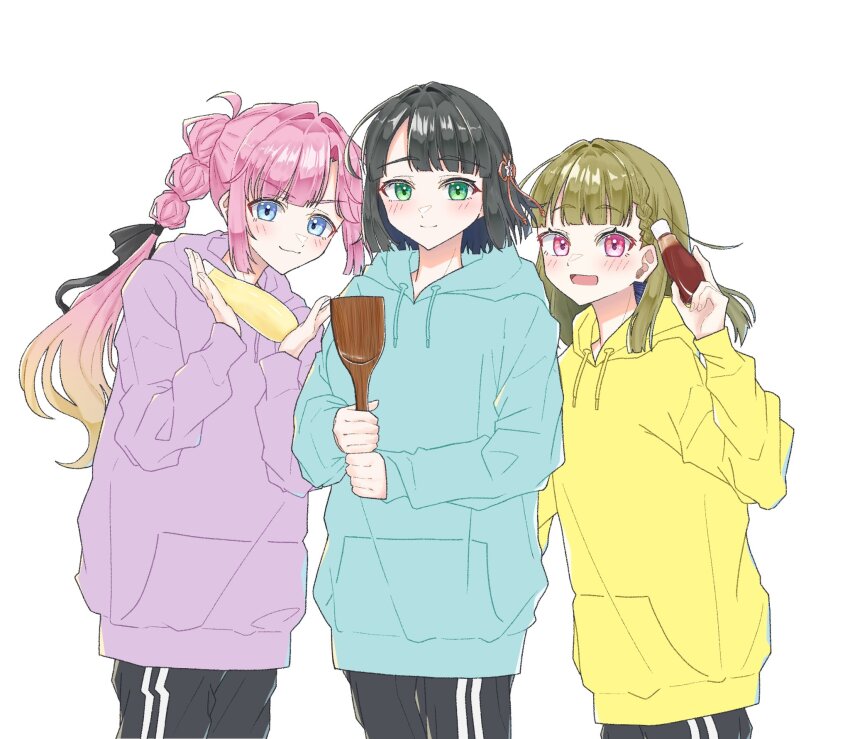 3girls :3 :d anyoji_hime black_hair black_pants black_ribbon blonde_hair blue_eyes blue_hoodie blunt_bangs blunt_ends blush bob_cut bottle braid brown_hair center-flap_bangs closed_mouth commentary_request cowboy_shot ginniro249 gradient_hair green_eyes hair_ribbon highres holding holding_bottle hood hoodie kachimachi_kosuzu link!_like!_love_live! long_hair long_sleeves looking_at_viewer love_live! mayonnaise_bottle momose_ginko multi-tied_hair multicolored_hair multiple_girls open_mouth pants pink_eyes pink_hair ponytail purple_hoodie ribbon seeno_de!_hasu_no_sora! side_braids simple_background sleeves_past_wrists smile split_mouth spoon standing track_pants v-shaped_eyebrows very_long_hair white_background wooden_spoon yellow_hoodie