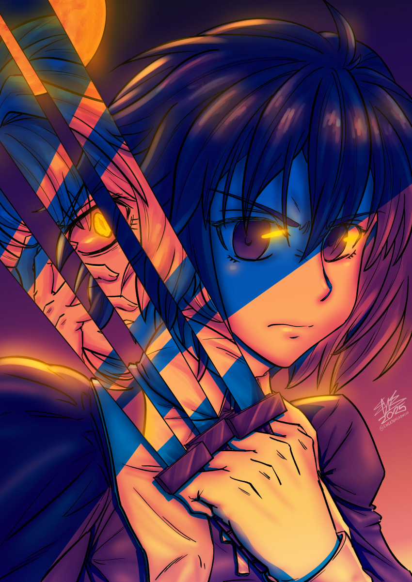 2girls absurdres arcueid_brunestud black_keys_(type-moon) blonde_hair blue_eyes blue_hair ciel_(tsukihime) cross ewertonleoncio full_moon highres long_sleeves looking_at_viewer moon multiple_girls red_arcueid reflection shadow short_hair signature solo_focus tsukihime weapon yellow_eyes