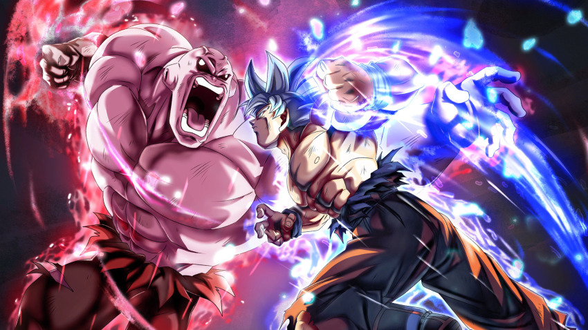 2boys abs alien artist_request bald bare_pectorals battle black_eyes dougi dragon_ball dragon_ball_super dragon_ball_xenoverse fighting gloves grey_eyes grey_hair highres imminent_attack imminent_punch jiren knee_up male_focus multiple_boys muscular muscular_male nipples no_pupils official_art official_wallpaper open_mouth pectorals pride_trooper_uniform short_hair son_goku spiked_hair teeth third-party_source tongue topless_male torn_clothes ultra_instinct veiny_face white_gloves