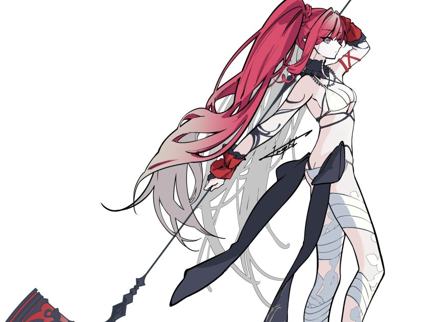 1girl baobhan_sith_(fate) baobhan_sith_(swimsuit_pretender)_(third_ascension)_(fate) bikini breasts bridal_gauntlets detached_collar fate/grand_order fate_(series) grey_eyes hammer highres holding holding_hammer holding_weapon icrepki pink_hair pointy_ears side_ponytail solo swimsuit weapon white_background white_bikini