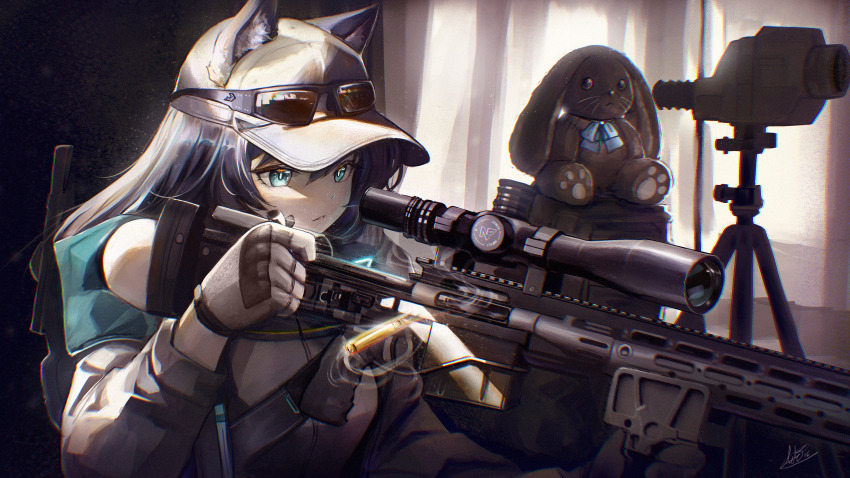 1girl absurdres animal_ears anti-materiel_rifle arktic baseball_cap black_hair blue_eyes cat_ears character_request curtains ears_through_headwear gloves gun hat highres indoors original reloading rifle scope shell_casing signature sniper_rifle solo stuffed_animal stuffed_toy sunglasses tripod upper_body weapon
