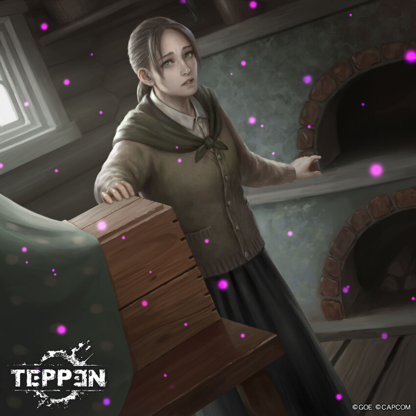 1girl brown_hair buttoned_shirt capcom desk elena_lupu fireplace green_eyes highres kuroiwa_enu official_art ponytail resident_evil resident_evil_village scarf skirt table teppen undershirt