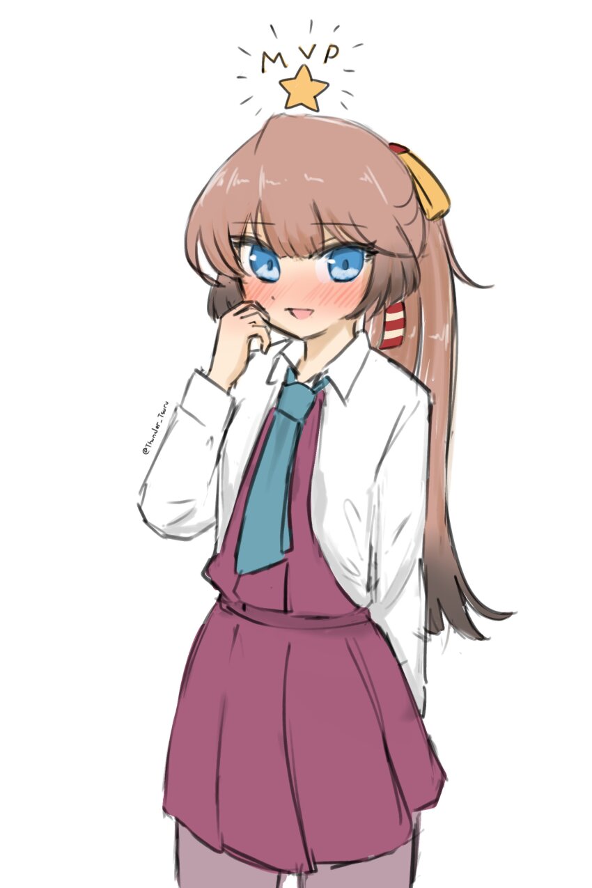 1girl absurdres aqua_necktie blue_eyes brown_hair collared_shirt commentary_request cowboy_shot dress dress_shirt gradient_hair grey_pantyhose hair_ribbon halter_dress halterneck highres kantai_collection kazagumo_(kancolle) long_hair multicolored_hair mvp necktie pantyhose ponytail purple_dress ribbon school_uniform shirt simple_background smile solo standing star_(symbol) tsuru_(thunder_tsuru) white_background white_shirt