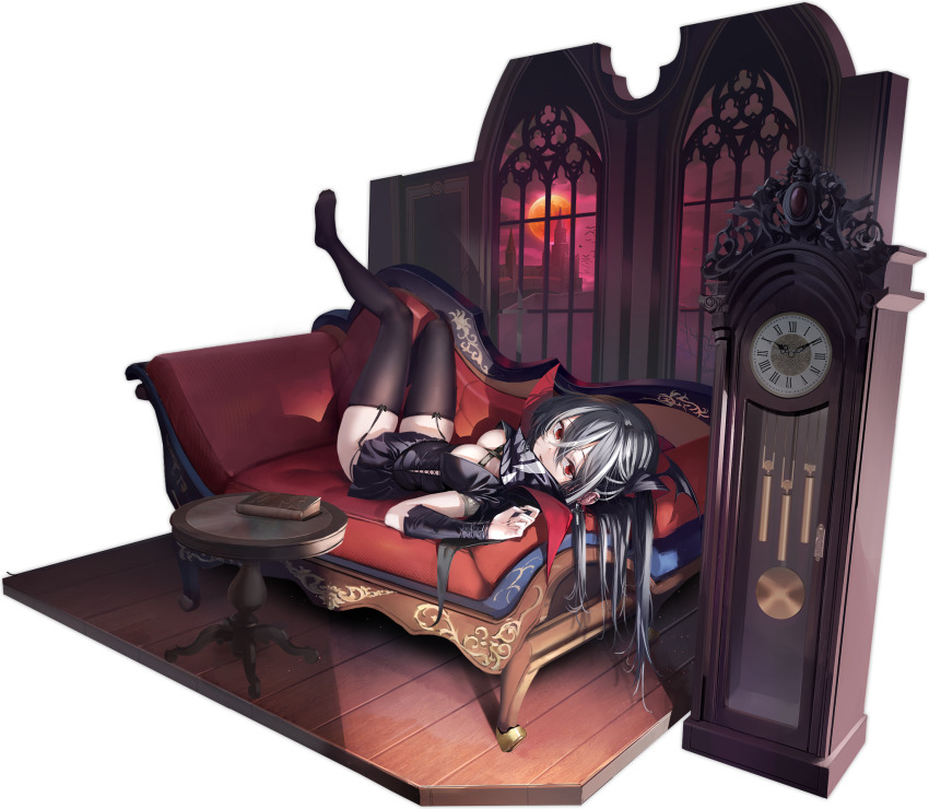 1girl azur_lane between_breasts book breasts clock couch cushion dress garter_straps grandfather_clock grey_hair hair_between_eyes head_wings highres indoors knee_up leg_up light_particles long_hair looking_at_viewer lying medium_breasts moon multicolored_hair no_shoes official_art on_back on_couch ootsuki_momiji parted_lips red_eyes red_moon roman_numeral solo streaked_hair thighhighs transparent_background u-47_(azur_lane) u-47_(sanguine_moon_sojourn)_(azur_lane) white_hair window wings