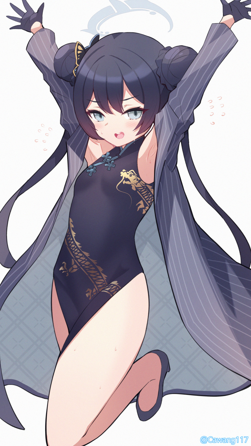 1girl absurdres armpits arms_up black_dress black_hair blue_archive breasts cawang china_dress chinese_clothes dragon_print dress grey_eyes grey_jacket halo highres jacket kisaki_(blue_archive) long_hair looking_at_viewer open_mouth print_dress small_breasts smile solo striped_clothes striped_jacket sweat thighs twintails twitter_username vertical-striped_clothes vertical-striped_jacket