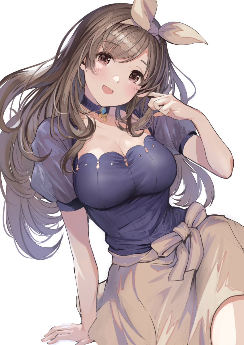 1girl arm_support beige_bow beige_skirt blouse blue_choker blue_shirt blush bow bow_hairband breasts brown_eyes brown_hair brown_hairband choker cleavage commentary cowboy_shot female_focus finger_to_cheek floating_hair hair_bow hairband hand_up head_tilt highres idolmaster idolmaster_shiny_colors juliet_sleeves koruse large_breasts long_hair long_sleeves open_mouth puffy_sleeves see-through_clothes see-through_sleeves shirt shirt_tucked_in short_sleeves simple_background sitting skirt smile solo square_neckline tsukioka_kogane white_background