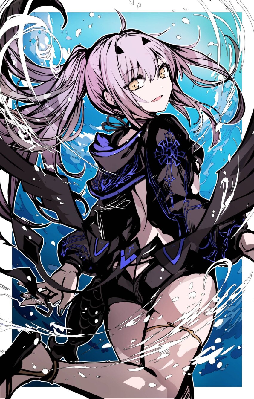 1girl ass back bikini black_bikini black_jacket breasts cropped_jacket dragon_wings fate/grand_order fate_(series) forked_eyebrows high_ponytail highres jacket jewelry long_hair long_sleeves looking_at_viewer looking_back melusine_(fate) melusine_(swimsuit_ruler)_(fate) melusine_(swimsuit_ruler)_(first_ascension)_(fate) open_mouth ponytail rioka_(southern_blue_sky) shrug_(clothing) sidelocks small_breasts smile solo swimsuit tail thighlet thighs white_hair wings yellow_eyes