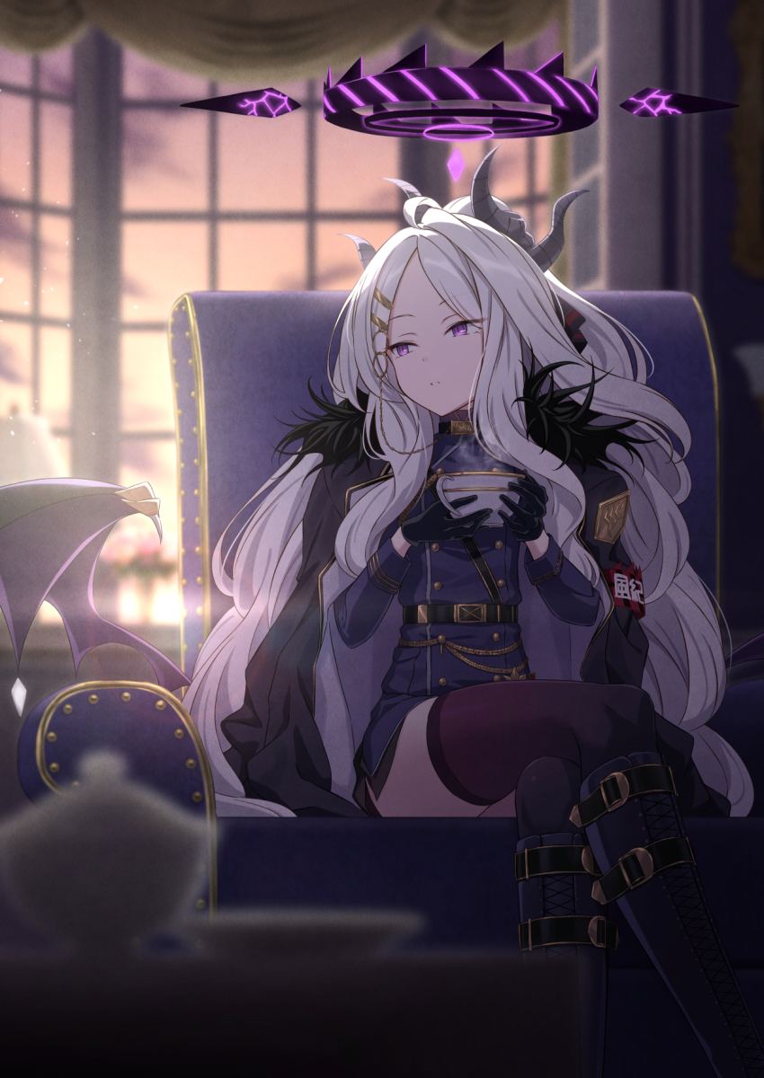 1girl armband armchair belt belt_buckle black_belt black_boots black_coat black_gloves black_halo black_horns black_jacket black_ribbon black_skirt black_thighhighs black_wings blue_archive blurry blurry_background blurry_foreground boots buckle buttons chair coat coat_on_shoulders commentary_request crossed_legs cup demon_horns double-breasted evening feet_out_of_frame gloves hair_ornament hair_ribbon hairclip half_updo halo hands_up highres hina_(blue_archive) holding holding_cup horns indoors jacket knee_boots light_particles long_hair long_sleeves looking_ahead looking_to_the_side low_wings miniskirt nuenue on_chair orange_sky parted_bangs parted_lips purple_eyes ribbon sam_browne_belt saucer side_slit sidelocks sitting skirt sky solo spiked_halo steam sunset teacup thighhighs two-sided_coat two-sided_fabric very_long_hair white_hair window wings