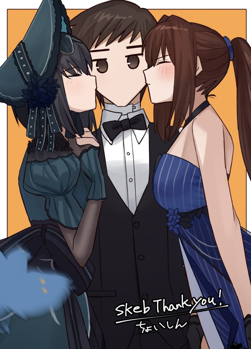 1boy 2girls aozaki_aoko black_eyes black_hair black_shirt blue_dress blush breasts brown_hair closed_eyes dress formal_clothes highres kiss kuonji_alice kuonji_alice_(third_ascension) large_breasts mahou_tsukai_no_yoru multiple_girls ponytail shintyoi2 shirt shizuki_soujuurou signature small_breasts suit
