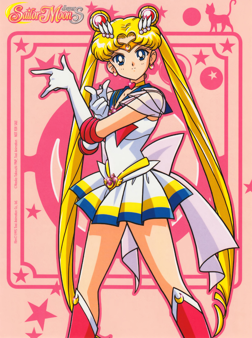 1990s_(style) 1girl back_bow bishoujo_senshi_sailor_moon bishoujo_senshi_sailor_moon_supers blonde_hair blue_eyes boots bow brooch choker copyright_name copyright_notice crescent crescent_earrings double_bun earrings elbow_gloves feet_out_of_frame gloves hair_bun hair_ornament heart heart_brooch heart_choker highres jewelry knee_boots leotard long_hair looking_at_viewer magical_girl miniskirt multicolored_skirt not_for_sale official_art pink_boots pleated_skirt retro_artstyle sailor_moon sailor_senshi sailor_senshi_uniform skirt solo standing star_(symbol) super_sailor_moon tiara tsukino_usagi twintails very_long_hair