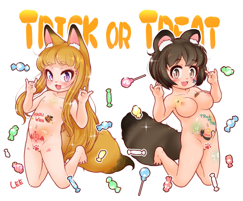 2girls :3 animal_ear_fluff animal_ears arms_up artist_name barefoot blonde_hair blush body_writing breasts brown_eyes brown_hair candy censored completely_nude double_fox_shadow_puppet fang feet flat_chest food fox_ears fox_girl fox_shadow_puppet fox_tail groin halloween kneeling komugi_(lee) large_breasts lee_(colt) loli lollipop long_hair miku_(lee) multiple_girls navel nipples nude open_mouth original pink_eyes pubic_tattoo pussy raccoon_ears raccoon_girl raccoon_tail short_hair slit_pupils smile stomach tail tattoo thighs toes transparent_background trick_or_treat