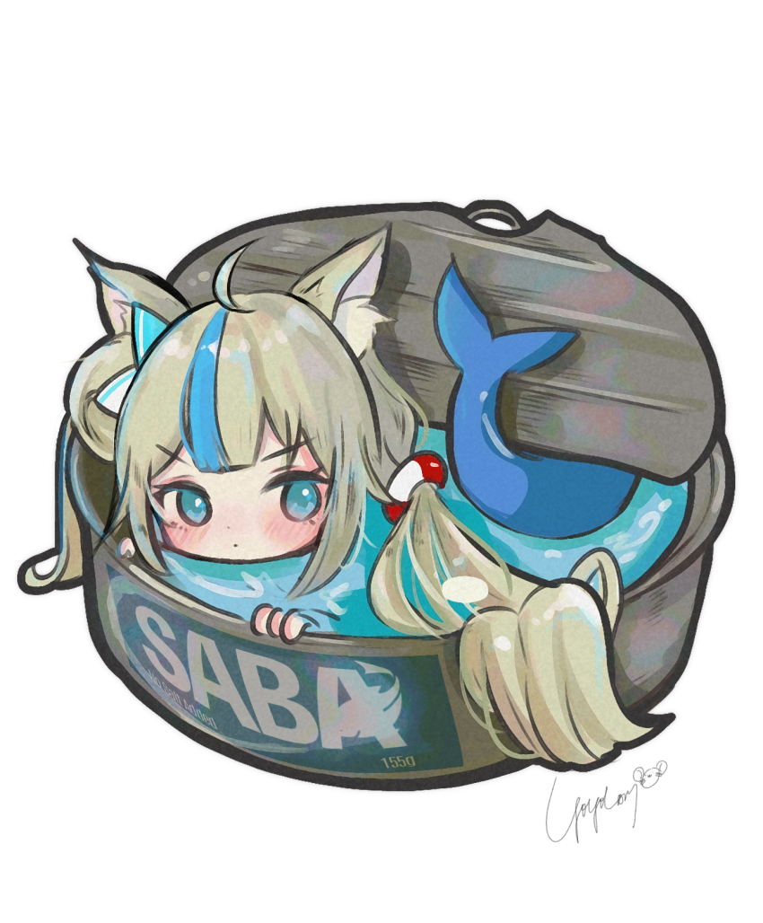 1girl ahoge animal_ears blonde_hair blue_eyes blue_hair blush can cat_ears fins fish_tail highres indie_virtual_youtuber lin_shuang long_hair multicolored_hair sameko_saba solo tail two-tone_hair very_long_hair virtual_youtuber water