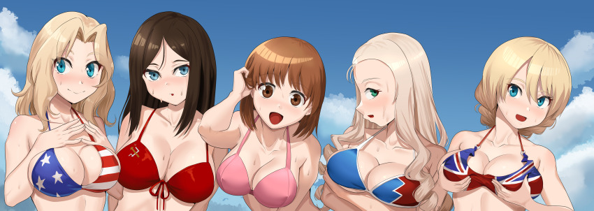 5girls absurdres american_flag american_flag_bikini american_flag_print bikini black_hair blonde_hair blue_bikini blue_eyes blue_sky braid breasts brown_eyes brown_hair closed_mouth cloud cloudy_sky commentary commission darjeeling_(girls_und_panzer) day drill_hair emblem english_commentary flag_print front-tie_bikini_top front-tie_top girls_und_panzer grabbing_own_breast green_eyes hair_intakes halterneck hand_in_own_hair hands_on_own_chest highres kay_(girls_und_panzer) large_breasts long_hair looking_at_viewer marie_(girls_und_panzer) medium_breasts medium_hair multiple_girls nico-mo nishizumi_miho nonna_(girls_und_panzer) open_mouth outdoors parted_lips pink_bikini pravda_(emblem) print_bikini red_bikini short_hair side-by-side sky smile sweat swimsuit twin_braids union_jack_bikini