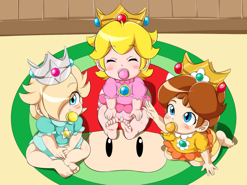 3girls baby baby_daisy baby_peach baby_rosalina bare_legs barefoot blonde_hair blue_eyes blush blush_stickers brown_hair closed_eyes crown eyes_visible_through_hair feet female_focus full_body hair_over_one_eye highres looking_up mario_(series) multiple_girls mushroom nintendo pacifier plar0846 princess_daisy princess_peach rosalina sitting soles toes