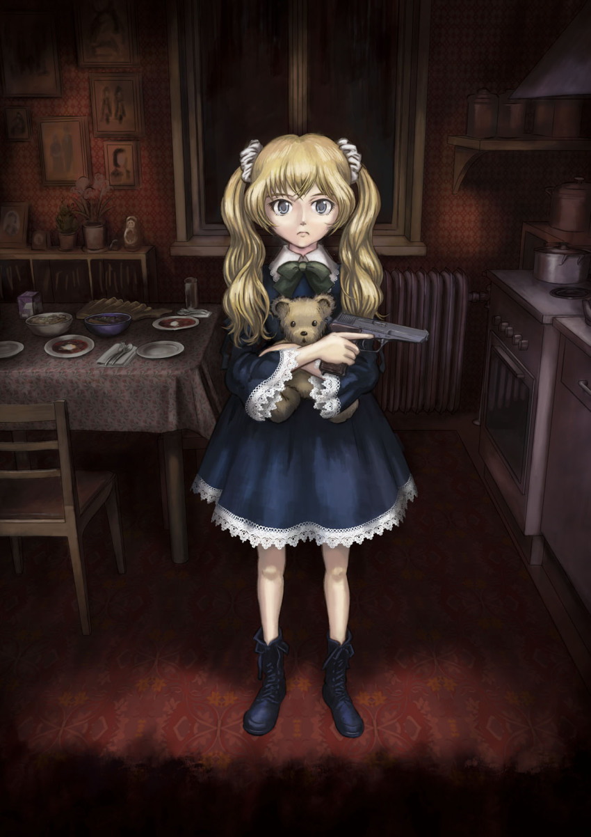 1girl blonde_hair blue_eyes boots cz_52 doll female_focus gun handgun highres hugging_doll hugging_object kurayami_joe lace original pistol russia solo stuffed_animal stuffed_toy teddy_bear trigger_discipline twintails weapon