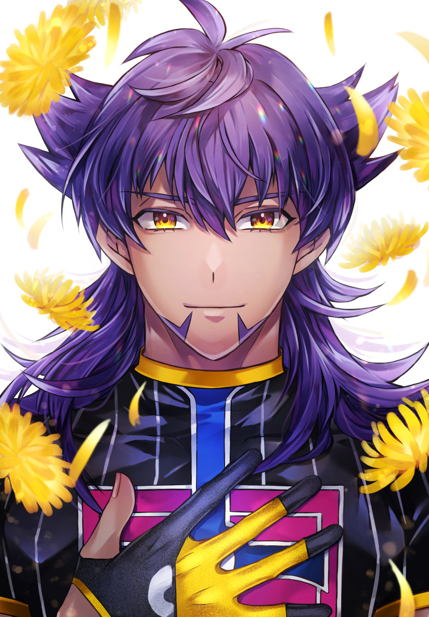 1boy absurdres antenna_hair black_gloves black_shirt champion_uniform closed_mouth commentary_request dark-skinned_male dark_skin facial_hair falling_flower falling_petals flower gloves hair_between_eyes hands_up highres kibinago_(neko87g) leon_(pokemon) light_particles long_hair looking_at_viewer male_focus nintendo partially_fingerless_gloves petals pokemon pokemon_swsh print_shirt purple_hair shield_print shirt short_sleeves simple_background smile solo sword_print two-tone_gloves upper_body white_background yellow_eyes yellow_flower yellow_gloves