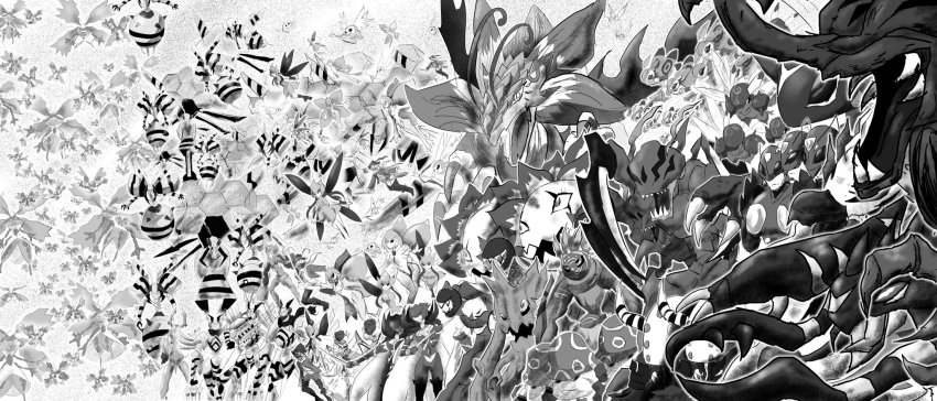ajatarmon atlurkabuterimon atlurkabuterimon_(blue) atlurkabuterimon_(red) blossomon bug cannonbeemon claws digimon dokugumon eosmon_adult eosmon_perfect flybeemon grankuwagamon highres horns jewelbeemon lilamon lilimon lotusmon metallifekuwagamon mothmon mushmon petermon picklemon plant rosemon sharp_teeth snimon teeth tigervespamon toropiamon tree waspmon woodmon