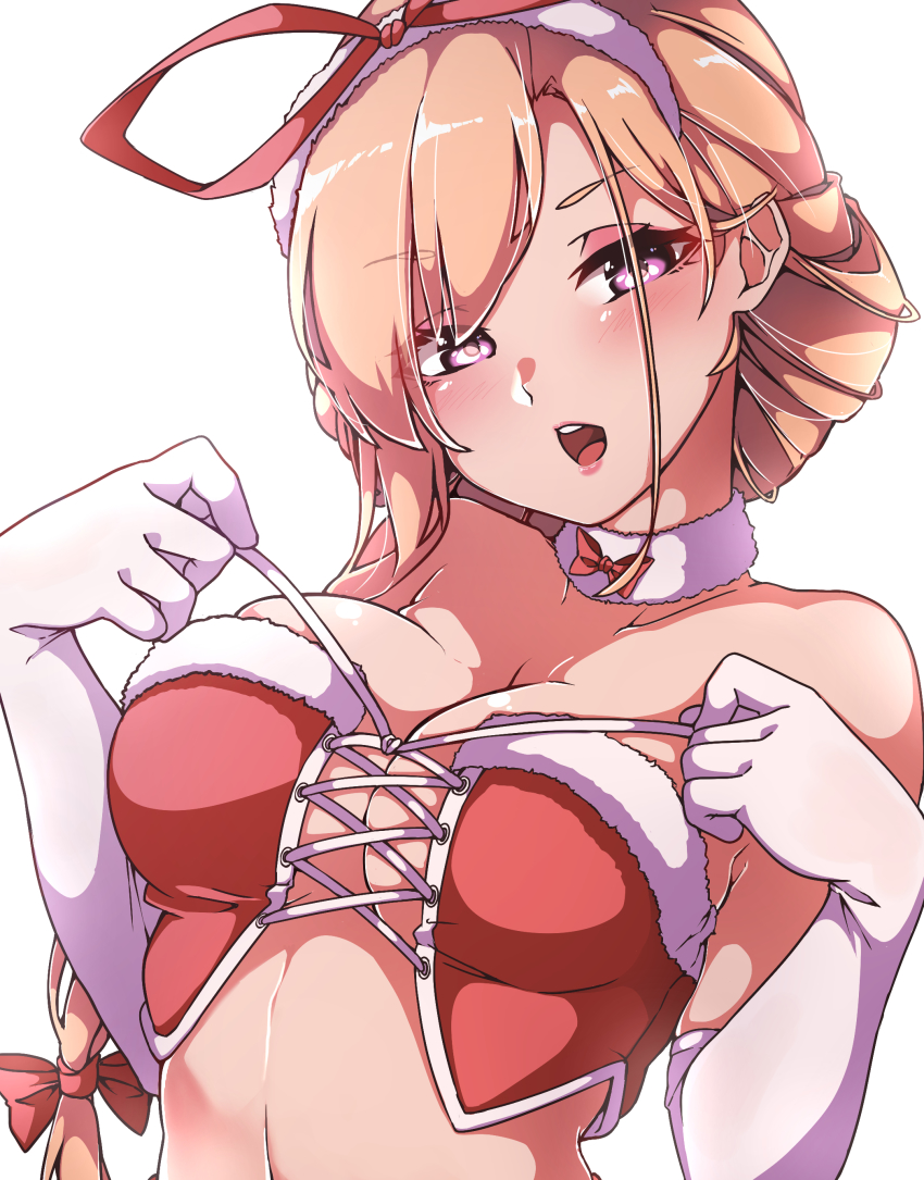 1girl absurdres alternate_costume bare_shoulders blonde_hair blush bow breasts cleavage collarbone commentary_request cross-laced_clothes elbow_gloves fur-trimmed_collar fur_trim gloves gokuu_(acoloredpencil) hair_ribbon hairband highres knot large_breasts lips long_hair looking_at_viewer open_mouth purple_eyes red_bow red_tube_top ribbon sidelocks simple_background solo standing stomach strapless teeth tongue touhou tress_ribbon tube_top upper_body upper_teeth_only white_background white_gloves yakumo_yukari