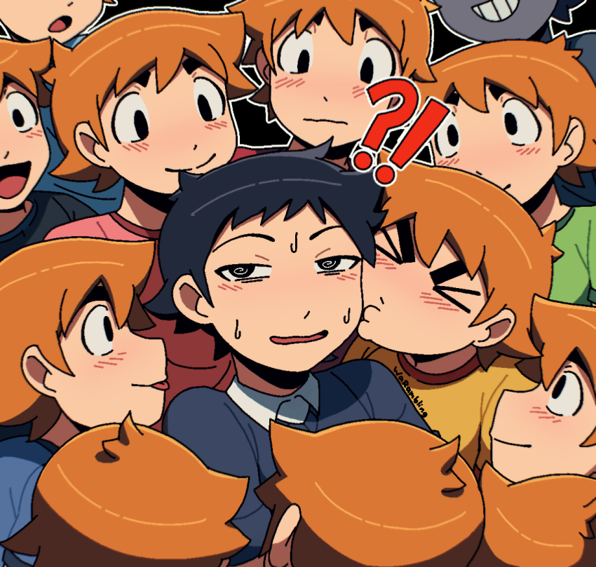 !? &gt;_&lt; 6+boys @_@ black_eyes black_hair blue_sweater blush clone_harem closed_eyes confused dark_persona jitome kiss kissing_cheek looking_to_the_side male_focus male_harem meme multiple_boys multiple_persona nega_scott open_mouth orange_hair scott_pilgrim scott_pilgrim_(series) scott_pilgrim_vs_the_world_(game) short_hair signature smile sonic_surrounded_by_amy_plush_dolls_(meme) surrounded sweat sweater tongue tongue_out wallace_wells warambling yaoi