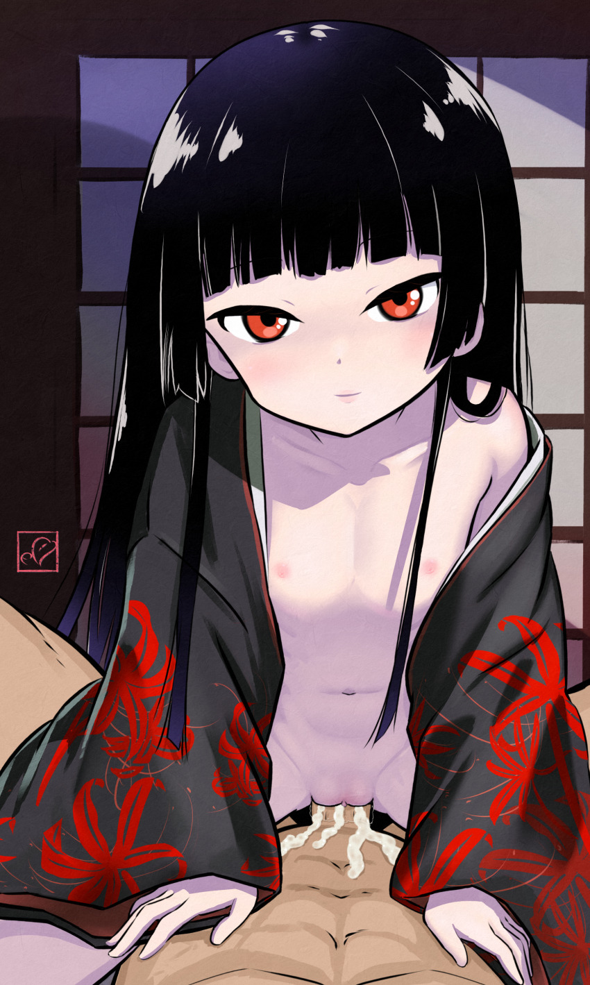 1boy 1girl absurdres artist_logo bad_tag black_hair black_kimono blush breasts clitoral_hood clitoris closed_mouth collarbone commission cowgirl_position cum cum_in_pussy elementary_(lolipope) enma_ai flat_chest flower flower_print girl_on_top half-closed_eyes hands_on_another&#039;s_chest happy happy_sex highres hime_cut japanese_clothes jigoku_shoujo kimono lips logo loli long_hair looking_at_viewer older_male_and_younger_female open_clothes open_kimono pixiv_commission pov pussy pussy_juice red_eyes ribs screen_door sex small_breasts smile spider_lily straddling straight_hair vaginal visible_ribs