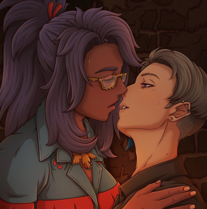 2girls asymmetrical_hair blue_shirt closed_eyes dark-skinned_female dark_skin ear_piercing glasses grey_hair highres imminent_kiss itsraijet jetsam_(itsraijet) long_hair multiple_girls nintendo original piercing pokemon pokemon_sv ponytail purple_eyes purple_hair raifort_(pokemon) scar scar_across_eyebrow scar_on_face shirt short_hair sidecut sweat undercut yuri