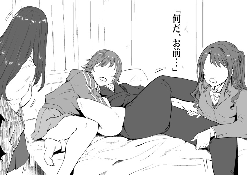 1boy 3girls d: formal_clothes grabbing greyscale hetero highres honda_mio hood hoodie idolmaster idolmaster_cinderella_girls indoors jacket long_hair looking_at_another monochrome multiple_girls new_generations_(idolmaster) no_eyes on_bed open_mouth otochichi producer_(idolmaster) producer_(idolmaster_cinderella_girls_anime) restrained shibuya_rin shimamura_uzuki short_hair skirt speech_bubble suit suit_jacket translation_request undressing