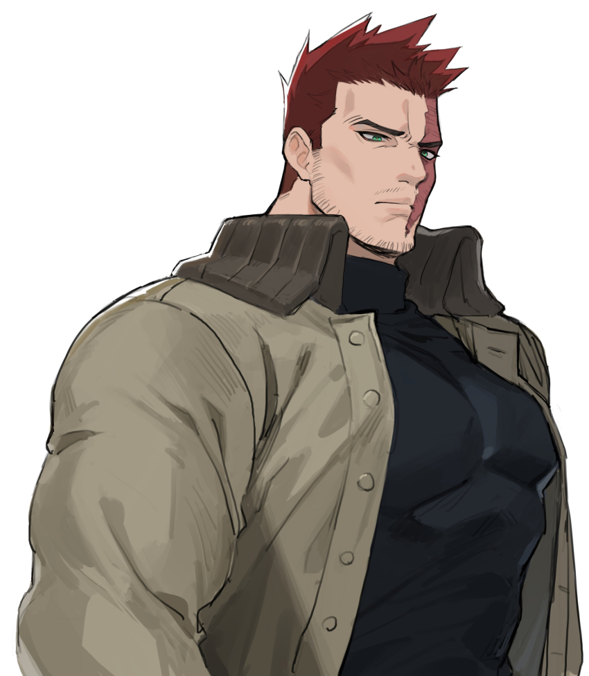 1boy bara beard_stubble black_shirt blue_eyes boku_no_hero_academia closed_mouth coat collared_coat commentary_request covered_abs covered_pectorals endeavor_(boku_no_hero_academia) facial_hair frown grey_coat highres male_focus open_clothes open_coat pectorals red_hair saida_(ohda_ooda) scar scar_across_eye scar_on_face shirt short_hair short_sideburns sideburns_stubble simple_background solo stubble turtleneck upper_body white_background