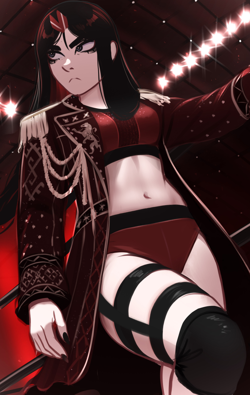 1girl absurdres aiguillette black_hair black_nails breasts commentary english_commentary epaulettes from_below frown hair_ornament highres kadence_(veyonis) looking_to_the_side medium_breasts midriff nail_polish navel original solo veyonis wrestling_outfit wrestling_ring