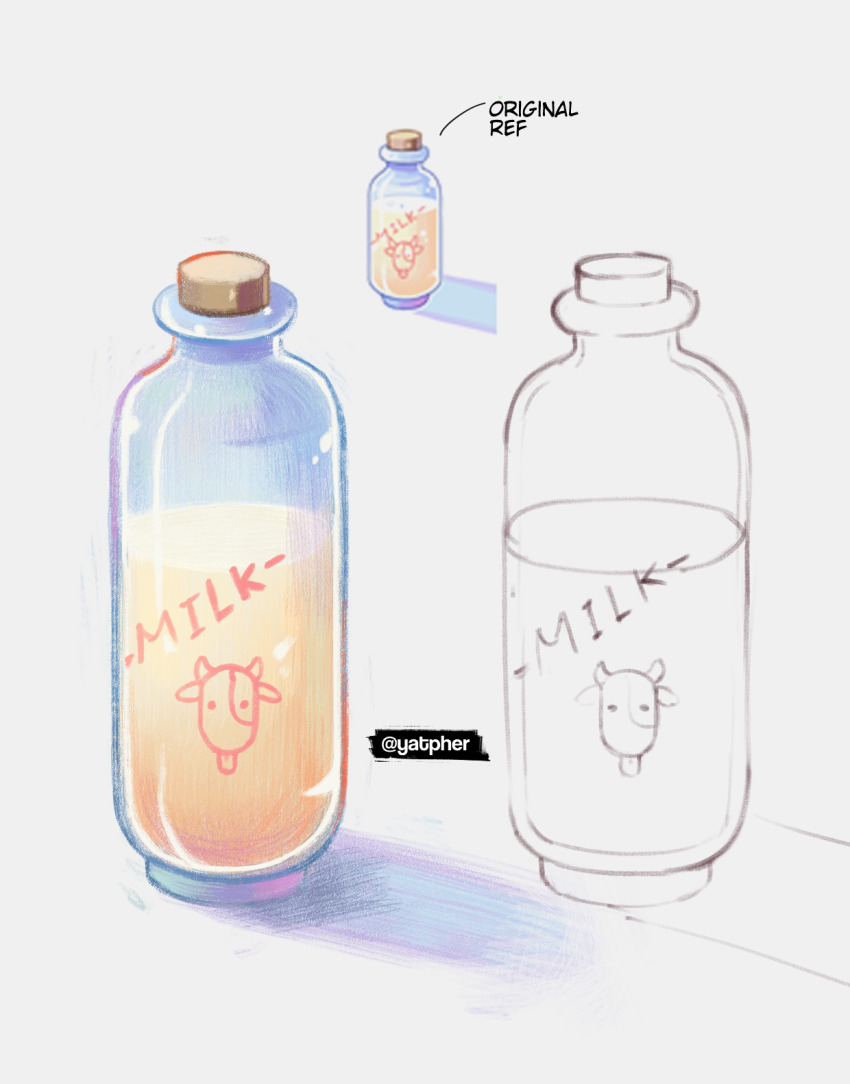 bottle color_study commentary cork corked_bottle english_commentary food_focus highres milk milk_bottle no_humans ragnarok_online reference_inset simple_background twitter_username white_background yatpher