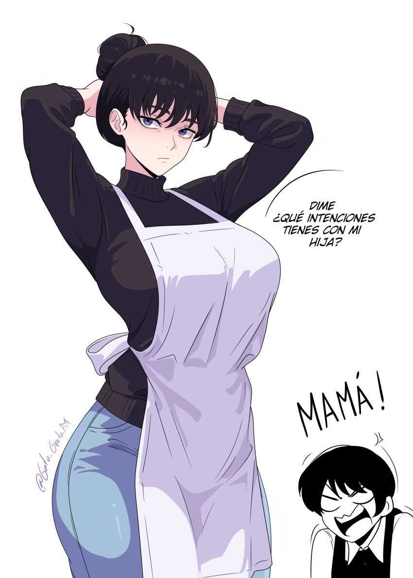 2girls absurdres anger_vein angry apron arms_behind_head black_hair black_sweater blue_eyes breasts chainsaw_man check_translation closed_mouth denim gratam hair_bun highres jeans large_breasts looking_at_another looking_at_viewer mitaka_asa mitaka_asa&#039;s_mother multiple_girls open_mouth pants partially_colored screaming simple_background single_hair_bun spanish_text sweater talking translation_request turtleneck turtleneck_sweater twitter_username white_apron white_background