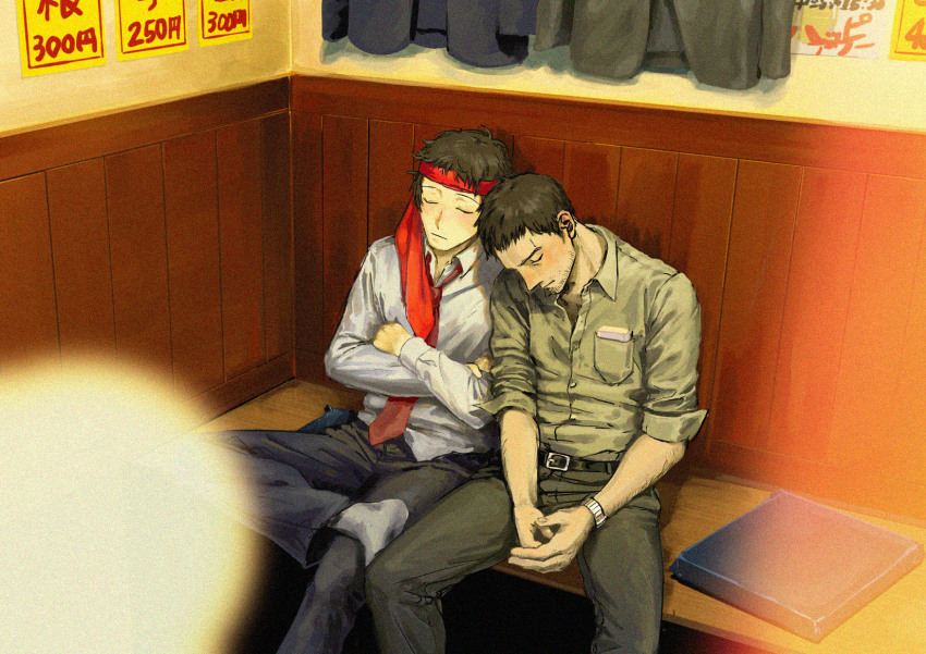 2boys adachi_tooru beard_stubble black_pants blurry bokeh brown_hair closed_eyes crossed_arms crossed_legs depth_of_field doujima_ryoutarou facial_hair green_shirt grey_socks head_down headband highres leaning_on_person lens_flare male_focus morrisuit multiple_boys necktie own_hands_together pants persona persona_4 red_headband red_necktie shirt short_hair sleeping socks stubble white_shirt wooden_wall