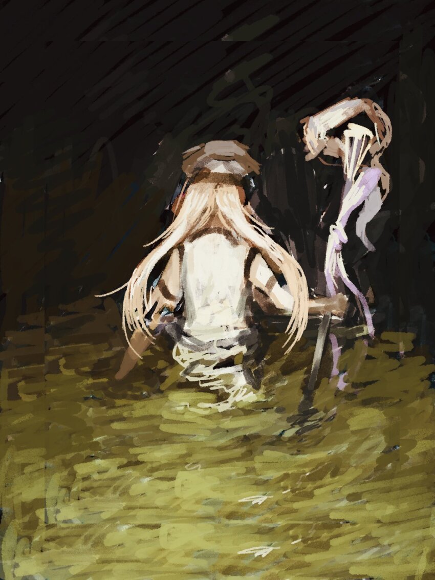 1girl artoria_caster_(fate) artoria_caster_(first_ascension)_(fate) artoria_pendragon_(fate) bare_shoulders blonde_hair dark fate/grand_order fate_(series) from_behind gloves hat highres holding holding_staff horror_(theme) long_hair looking_ahead marmyadose_(fate) night outdoors sleeveless staff t0da twintails