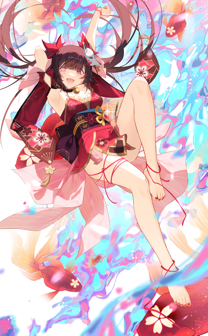 1girl absurdres armpits arms_up bare_legs bell black_choker black_hair black_sash choker commentary_request detached_sleeves dress fox_mask highres honkai:_star_rail honkai_(series) jingle_bell mask mask_on_head nail_polish neck_bell obi red_dress red_nails sash short_dress shotgunman solo sparkle_(honkai:_star_rail) strapless strapless_dress thighs toenail_polish toenails